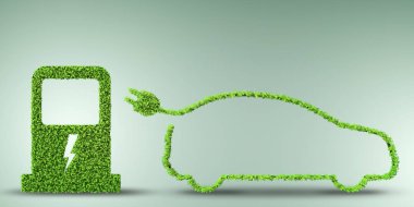 Yeşil çevre konseptinde elektrikli araba konsepti - 3D görüntüleme