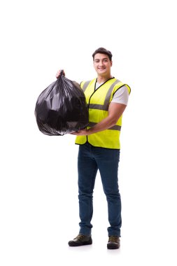 Çöp torbası olan adam beyazda izole edilmiş.