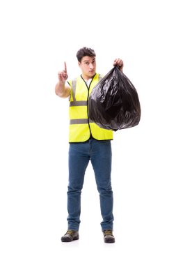 Çöp torbası olan adam beyazda izole edilmiş.