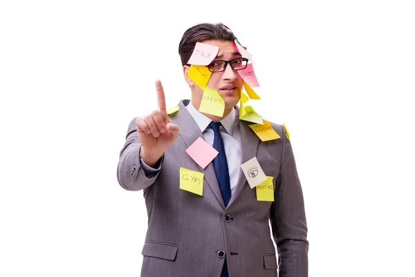 Empresario con muchos recordatorios aislados en blanco — Foto de Stock