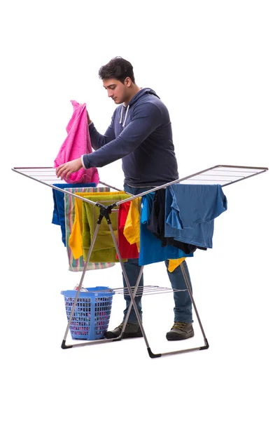 Husband man doing laundry isolated on white — Stock Photo, Image