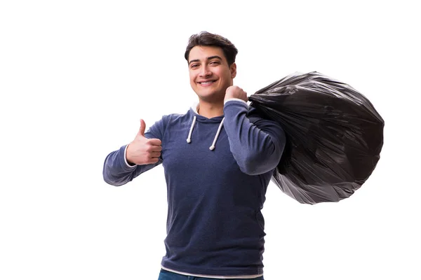 Mann mit Müllsack isoliert auf weißem Grund — Stockfoto