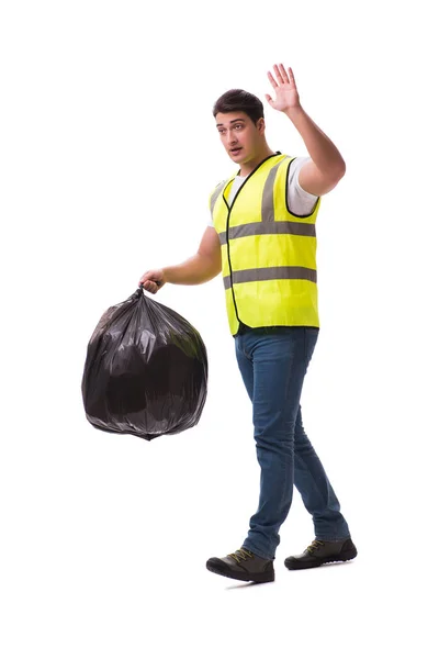 Man met vuilniszak geïsoleerd op wit — Stockfoto