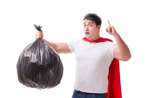 Superhero man with garbage sack isolated on white — Stock Photo, Image