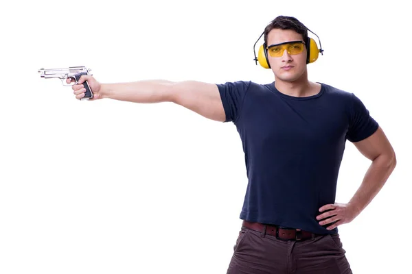 Uomo fare sport tiro da pistola isolato su bianco — Foto Stock