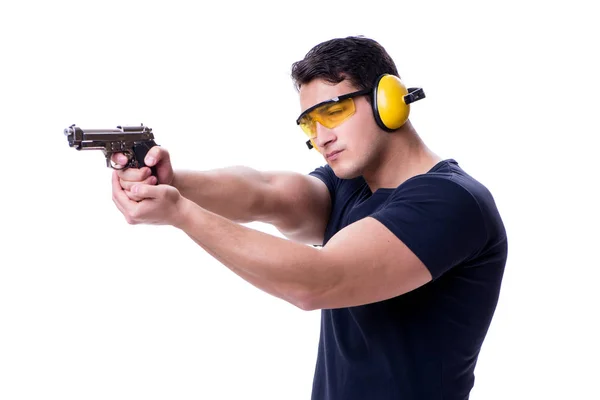 Hombre haciendo tiro deportivo de arma aislada en blanco —  Fotos de Stock