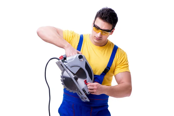 Carpenter wearing coveralls with circular saw isolated on white — Stock Photo, Image