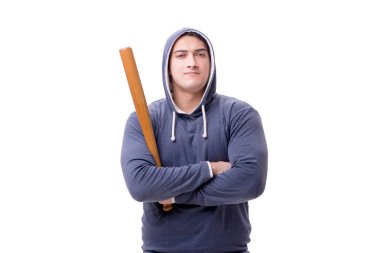 Beyazda beysbol sopası olan genç bir holigan.