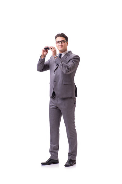 Young man with binoculars isolated on white