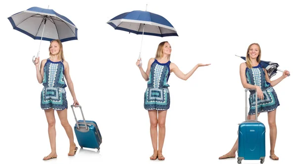 Kollázs a nő esernyő és bőrönd — Stock Fotó