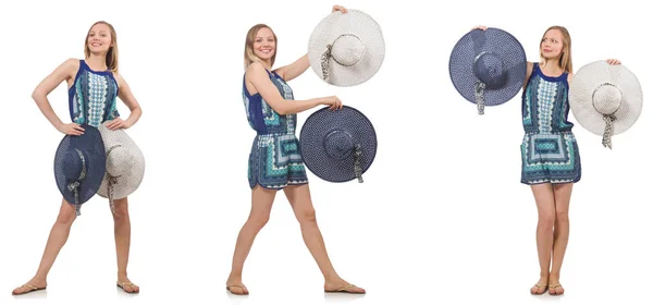 Collage de mujer con sombrero panama aislado sobre blanco — Foto de Stock