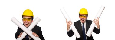 Beyaz üzerine çizimler yapan komik bir mimar.