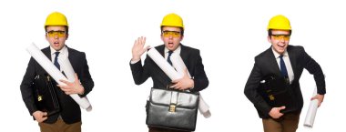 Beyaz üzerine çizimler yapan komik bir mimar.