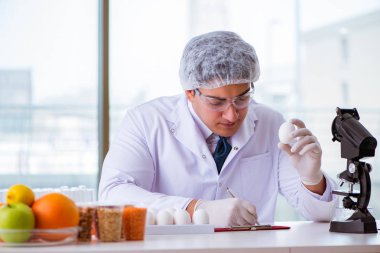 Besin uzmanı gıda ürünlerini laboratuarda test ediyor.