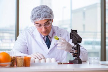 Besin uzmanı gıda ürünlerini laboratuarda test ediyor.