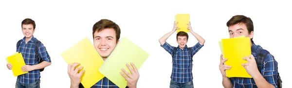 Jonge student met boek op wit — Stockfoto