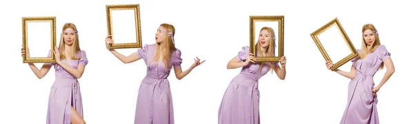 Woman with picture frame on white — Stock Photo, Image