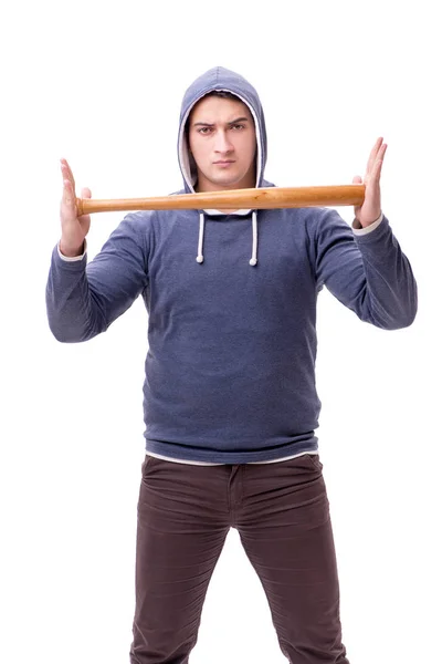 Young man hooligan with baseball bat isolated on white — Stock Photo, Image