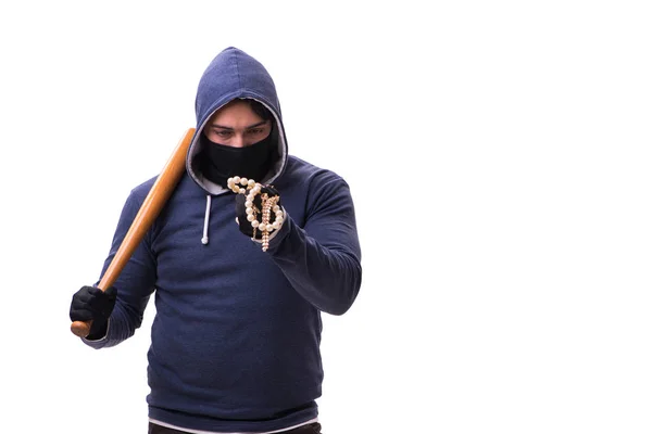 Young man hooligan with baseball bat isolated on white — Stock Photo, Image