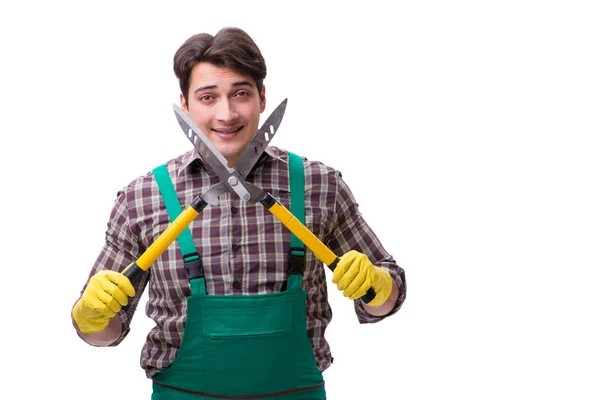 Hombre joven jardinero aislado en blanco —  Fotos de Stock