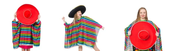 Linda chica en poncho mexicano aislado en blanco — Foto de Stock