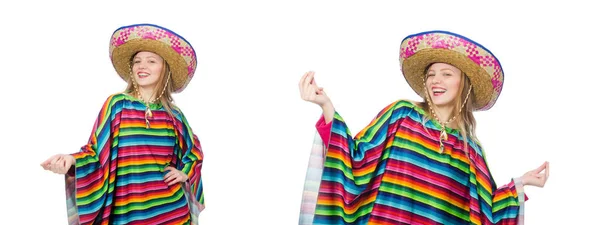 Menina bonita no poncho mexicano isolado no branco — Fotografia de Stock