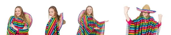 Söt flicka i mexikanska poncho isolerad på vit — Stockfoto