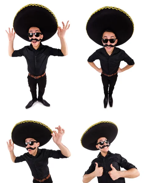 Смешной человек в мексиканской сомбреро шляпе изолирован на белом — стоковое фото