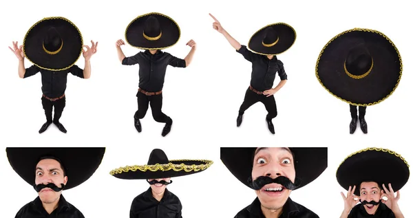 Funny man wearing mexican sombrero hat isolated on white — Stock Photo, Image