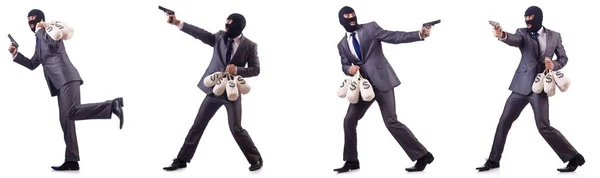 Gangster met zakken van geld op wit — Stockfoto