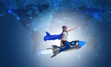 Süper kahraman kavramında küçük bir kız roket uçuruyor.