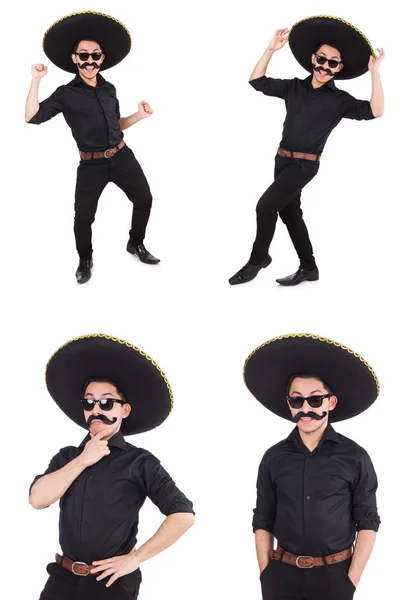 Funny man wearing mexican sombrero hat isolated on white — Stock Photo, Image