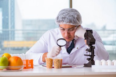 Besin uzmanı gıda ürünlerini laboratuarda test ediyor.