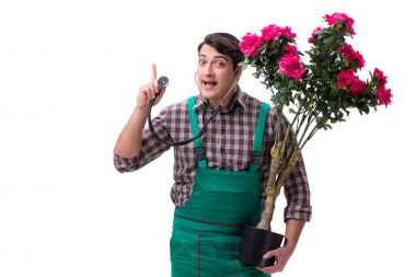 Genç bahçıvan beyazı izole etmiş.