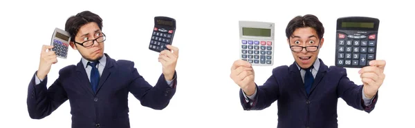 Забавна людина з калькулятором ізольована на білому — стокове фото