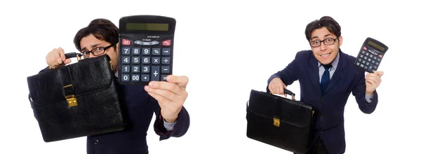 Grappige mens met calculator geïsoleerd op wit — Stockfoto