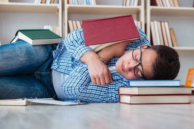 Genç öğrenci kitaplarla çalışıyor.