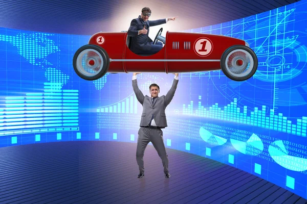 Businessman lifting sports car in power concept — Stock Photo, Image