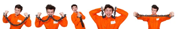 Jonge gevangene met kettingen geïsoleerd op de witte — Stockfoto