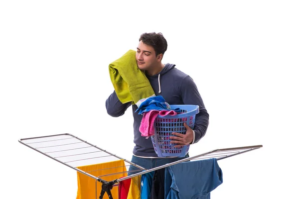 Marido hombre haciendo ropa aislada en blanco —  Fotos de Stock