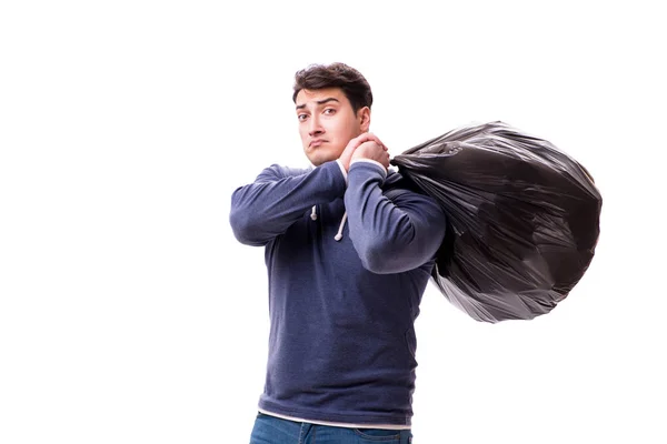 Homem com saco de lixo isolado em branco — Fotografia de Stock