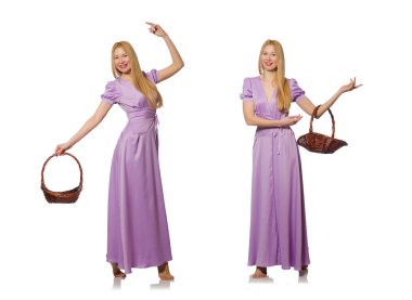 Kadın beyaz izole meyve sepeti ile