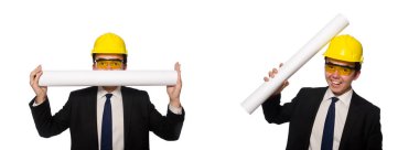 Beyaz üzerine çizimler yapan komik bir mimar.