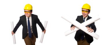 Beyaz üzerine çizimler yapan komik bir mimar.