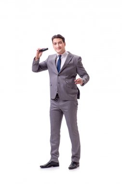 Dürbünlü genç adam beyaza izole edilmiş.