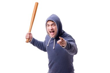 Beyazda beysbol sopası olan genç bir holigan.