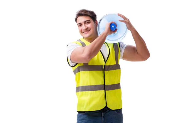 Uomo consegna bottiglia d'acqua isolata su bianco — Foto Stock