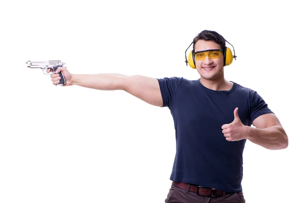Man doing sport shooting from gun isolated on white — Stock Photo, Image