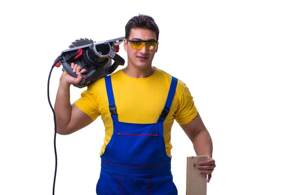 Carpenter wearing coveralls with circular saw isolated on white — Stock Photo, Image