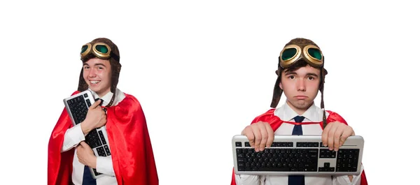 Funny hero with keyboard isolated on the white — Stock Photo, Image